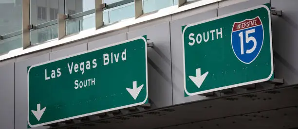 A sign leads drivers towards Las Vegas Blvd., in Las Vegas, Nevada, USA.