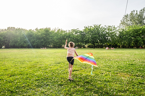 a little girl runs and flies a kite on the green grass