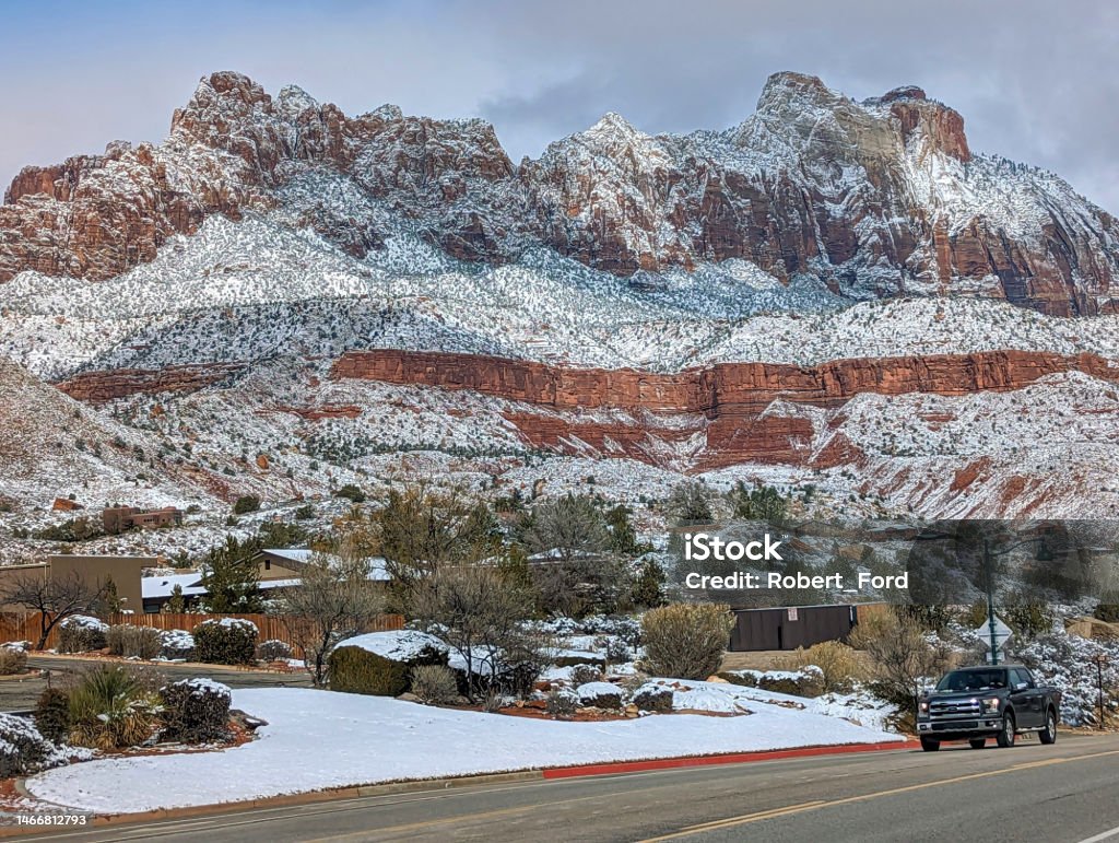 Snow day in Springdale Utah at the entrance to Zion National Park Utah below the West Temple and the Peaks of the Virgin near Majestic View Lodge Cliff Stock Photo
