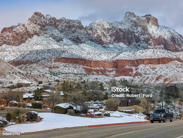 Snow Day In Springdale Utah At The Entrance To Zion National Park Utah Below The West Temple And The Peaks Of The Virgin Near Majestic View Lodge Stock Photo - Download Image Now