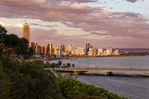 View to the centre of Perth in Western Australia, landscape with the skyscrapers, parks and bay with the bridge during sunset or sunrise. Clouds on the dramatic blue sky.