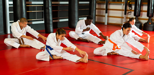 Multiracial people in kimono and belts doing stretch exercises on floor in gym. Group karate training.