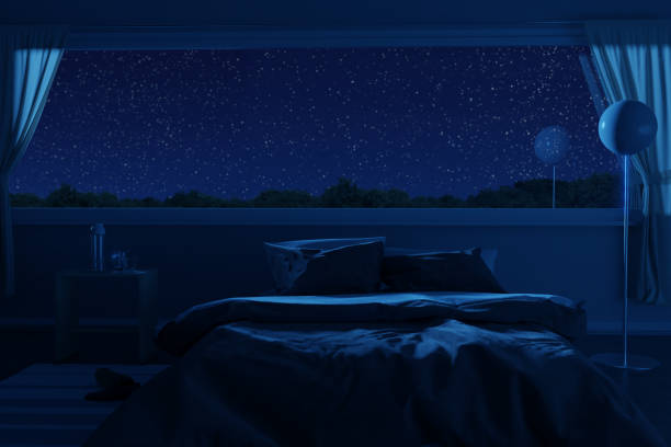 istock 3D rendering of bedroom with cozy low bed at night 1466816473