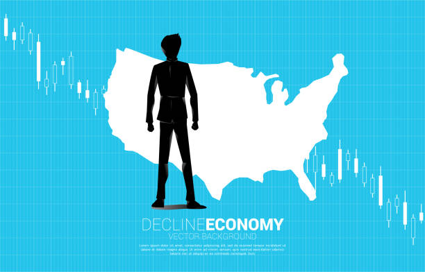 silhouette of businessman slip and downturn graph with USA map. Concept of decline economy in america. silhouette of businessman slip and downturn graph with USA map. Concept of decline economy in america. us recession stock illustrations