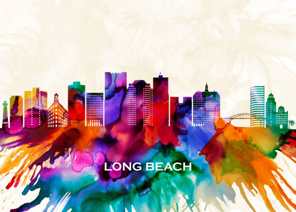 Long Beach Skyline Abstract Watercolor Skyline of Long Beach, a coastal city and port in Southern California downtown long beach stock illustrations