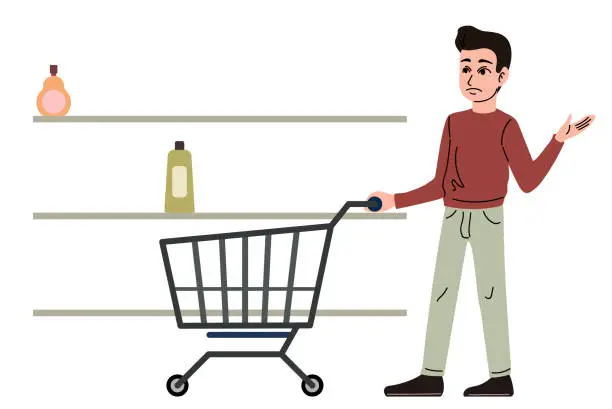 Vector illustration of Sad man stands in an empty store. Lack of goods on the shelves. Economic crisis. Vector illustration.