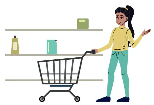 Vector illustration of Sad woman stands in an empty store. Lack of goods on the shelves. Economic crisis. Vector illustration.