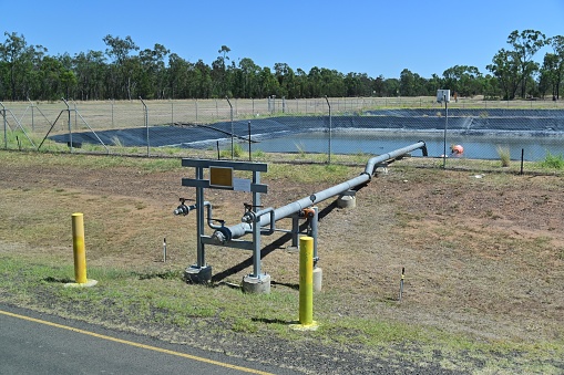 Chinchilla, Qld - Feb16 2023:Extracted water from natural gas wells at Talinga Orana Gas Gathering Station in Queensland, Australia.Treated water are available for local irrigation.