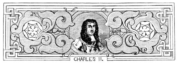 Portrait of Charles II (May 29, 1630 –February 6, 1685) was restored to the throne in 1660 after Oliver Cromwell died and his son was ineffective as Lord Protector.  Woodcut engraving published 1846. Original edition is from a history book in my own archives. Copyright has expired and is in Public Domain.