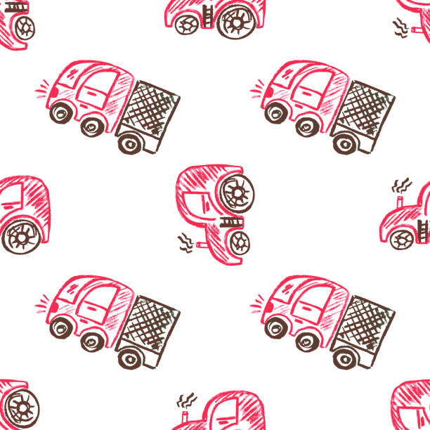 illustrazioni stock, clip art, cartoni animati e icone di tendenza di modello senza cuciture. disegni per bambini con pastelli a cera - truck grunge drawing illustration and painting