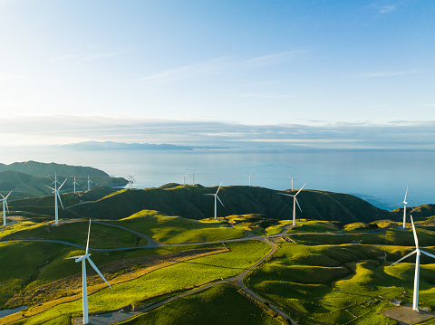 Aerial view of wind mill farm , green hills along the sea.