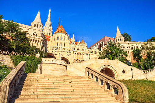 Bottom view of the Fisherman's Bastion with staircase. Popular tourist attraction in Budapest, Hungary