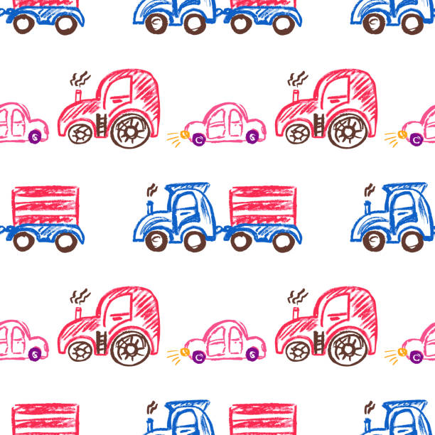 illustrazioni stock, clip art, cartoni animati e icone di tendenza di modello senza cuciture. disegni per bambini con pastelli a cera - truck grunge drawing illustration and painting