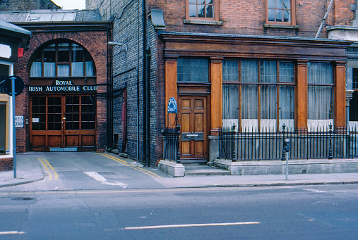 Dublin, Ireland - July 16, 1986: 1980s old Positive Film scanned, Royal Irish Automobile Club and National Automobile Headquarters, Dublin, Ireland.