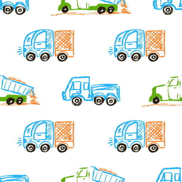 illustrazioni stock, clip art, cartoni animati e icone di tendenza di modello senza cuciture. disegni per bambini con pastelli a cera - truck grunge drawing illustration and painting