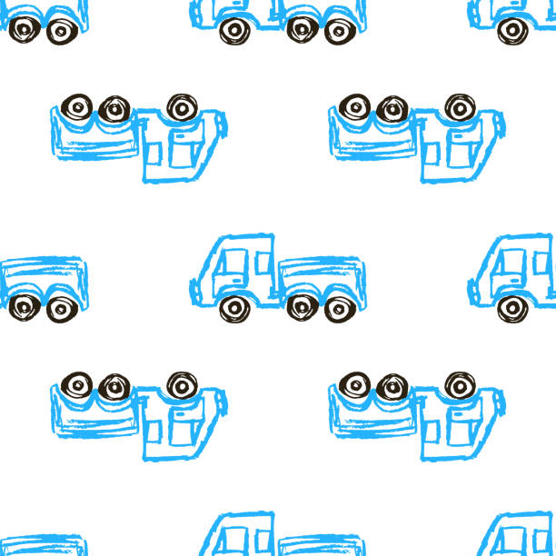 illustrazioni stock, clip art, cartoni animati e icone di tendenza di modello senza cuciture. disegni per bambini con pastelli a cera - truck grunge drawing illustration and painting