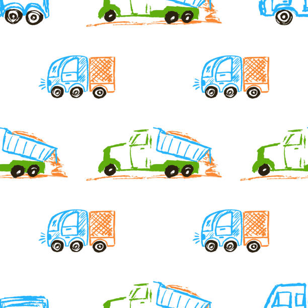 illustrazioni stock, clip art, cartoni animati e icone di tendenza di modello senza cuciture. disegni per bambini con pastelli a cera - truck grunge drawing illustration and painting