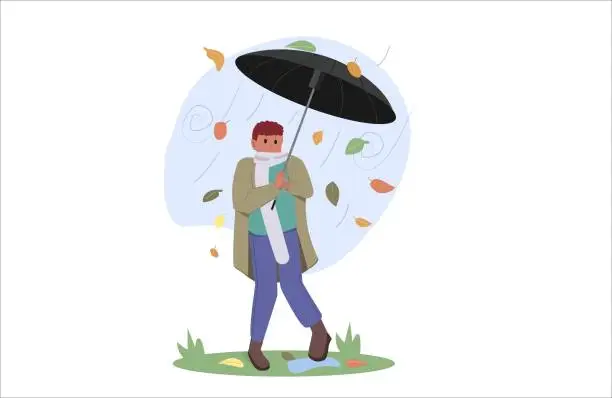 Vector illustration of Man holding an umbrella walking under the rain