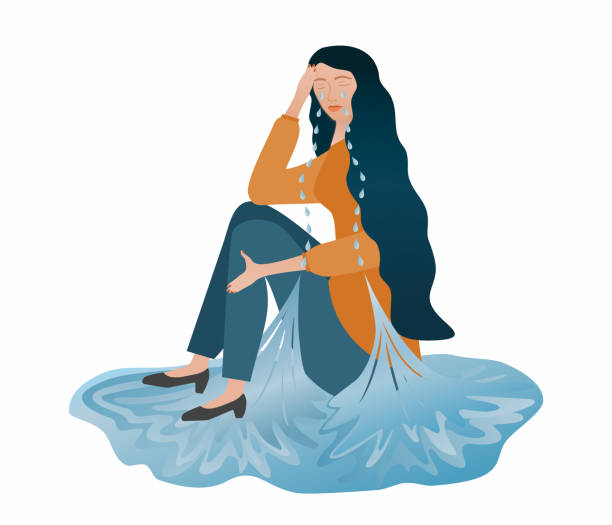 Woman sitting in the water of her tears. Vector illustration. 02/17/2022 22:07:00 +0000 shower women falling water human face stock illustrations