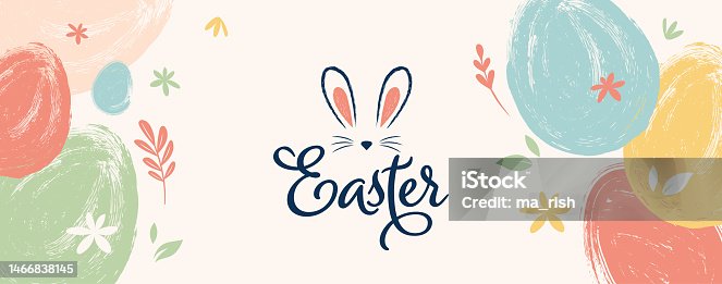 istock Happy Easter. Bunnies, eggs and flowers. Modern style design, pastel colors 1466838145