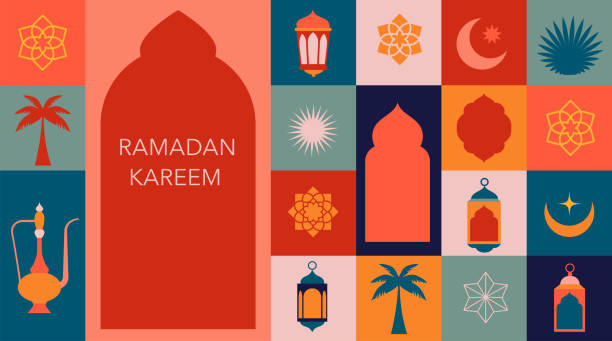 геометрический стиль красочный исламский рамадан карим баннер, дизайн плаката. мечеть, луна, купол и фонари. минималистичные иллюстрации - mosque ramadan islam symbol stock illustrations