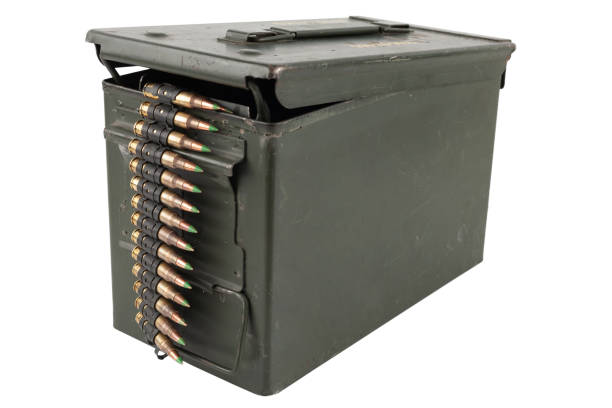 istock Ammunition belt with cartridges in ammunition boxes 1466838576