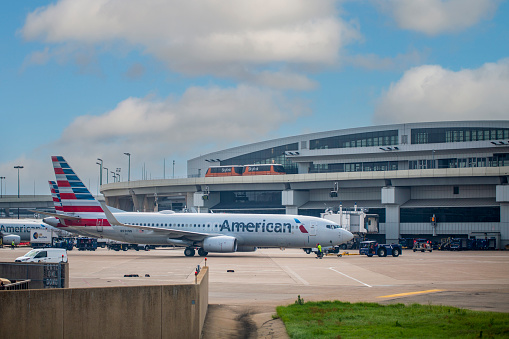 Heathrow, England, September 10 2021: Airplane British airways airways at London Heathrow Airport LHR. Aircraft is prepared for departure.