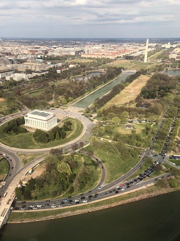 Aerial view of the National Mall, including the Lincoln Memorial, Reflecting Pond, and Washington Monument