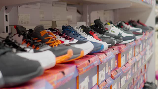 Shop display of lot of Sports shoes on wall.