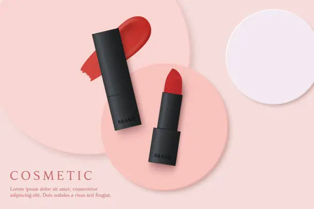 Vector illustration of Cosmetics product ads template on pink background with lipsticks.