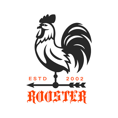 Rooster antique weather vane, weathercock icon. Agriculture or business company vector symbol, graphic emblem or sign with meteorology and wind direction rooster vane and red medieval typography