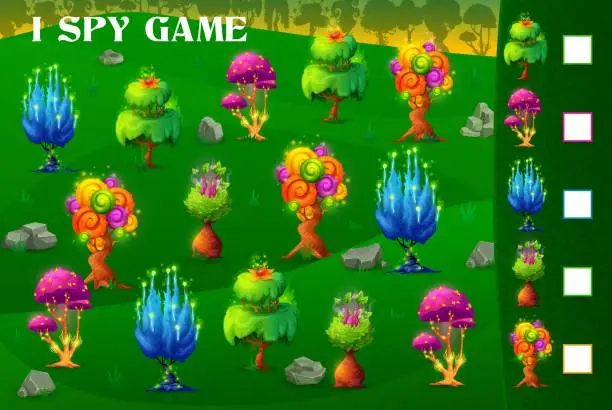 Vector illustration of I spy game, magic alien trees in fantasy forest