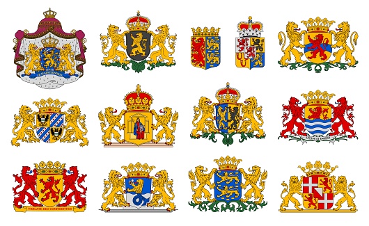 Netherlands coat of arms, provinces heraldic emblems and dutch heraldry, vector blazons. Netherlands provinces coat of arms or official heraldic symbols with lions and monarch crown on shields