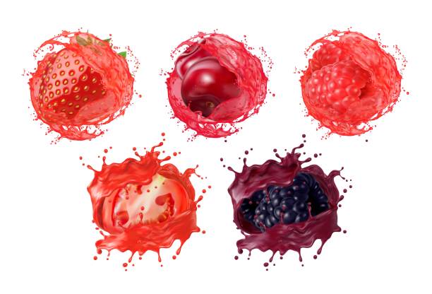 plusk soku z pomidorów, truskawek lub malin - splashing juice liquid red stock illustrations