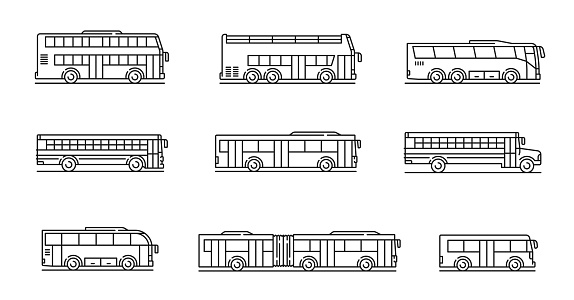 City, travel and school bus line icons. Passenger transportation, urban transport outline vector symbols or thin line pictograms with contemporary school, doubledecker and articulated buses