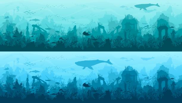 Underwater landscape, whale, sunken ancient city Underwater landscape, whale, sunken ancient city and corals or seaweeds, vector sea or ocean deep water background. Undersea shipwrecks and fishes in sunken ancient city ruins in underwater landscape atlantis the palm stock illustrations