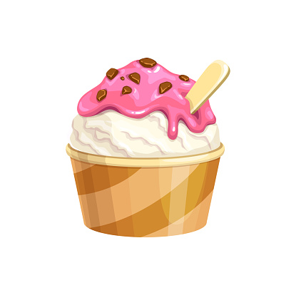 Cartoon ice cream gelateria cafe sundae, cafe or restaurant frozen dessert in waffle cup with wooden scoop or spoon, pink vanilla topping and chocolate chips, isolated vector sweet gelato ice cream