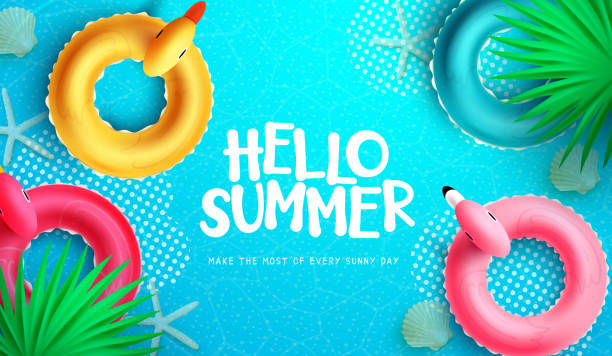 istock Hello summer vector design. Hello summer greeting text with inflatable duck, flamingo and bird floaters element. 1466864406