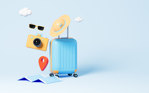 Luggage and camera in the blue background, 3d rendering. Digital drawing.