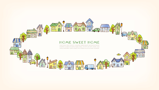 Watercolor vector illustration of a round frame with houses, trees and plants (blue and green)