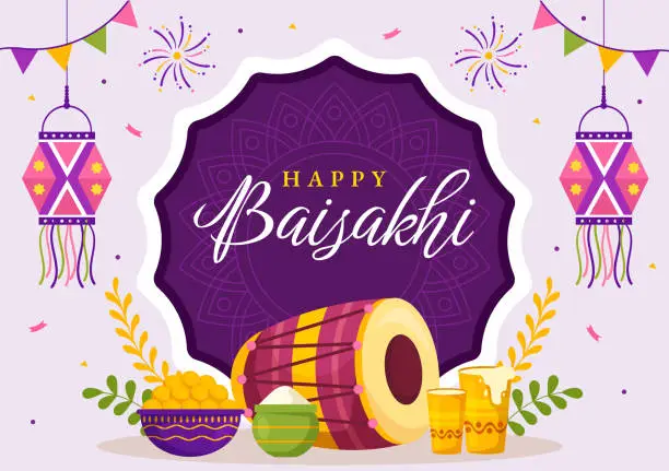 Vector illustration of Happy Baisakhi Illustration with Vaisakhi Punjabi Spring Harvest Festival of Sikh celebration in Flat Cartoon Hand Drawn for Landing Page Templates