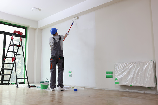 Professional painter paints office wall with roller brush. Decoration and improvement office interior concept.