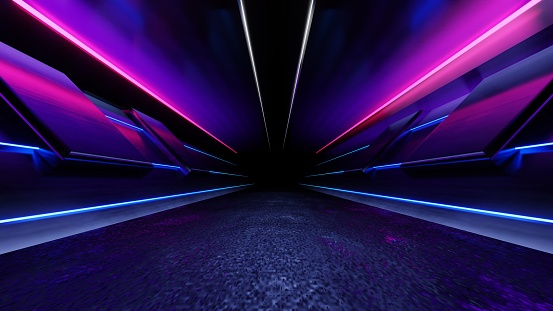 3d technology abstract neon light background, empty space scene, spotlight, dark night, virtual reality, cyber futuristic sci-fi background, street floor studio for mock up. colored geometric.