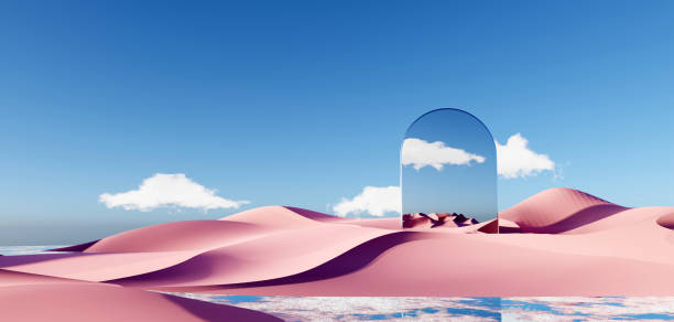 istock 3d render Surreal pastel landscape background with geometric shapes, abstract fantastic desert dune in seasoning landscape with arches, panoramic, futuristic scene with copy space, blue sky and cloudy 1466876607