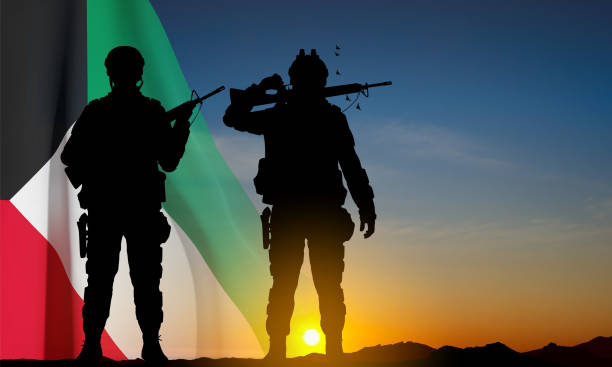 쿠웨이트 국기와 군인의 실루엣 - militant group stock illustrations