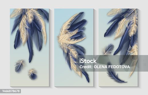 istock Set of modern creative gold and blue feathered butterfly. Illustrations for home decor, banners, and prints. Vector illustration. 1466878678