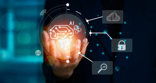 istock Businessman hand holding glowing digital ai and brain icon. artificial intelligence technology background concept. 1466886051