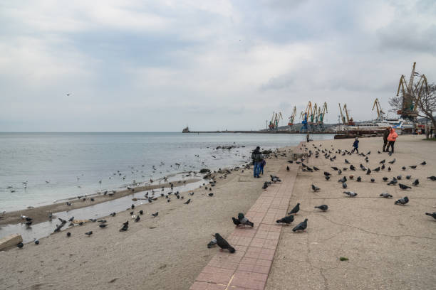 Empty embankment and seaport with high rise cranes in cloudy weather in spring. Feodosia. Crimea Feodosia, Crimea - March 29, 2021: Empty embankment and seaport with high rise cranes in cloudy weather in spring feodosiya stock pictures, royalty-free photos & images