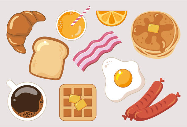 illustrazioni stock, clip art, cartoni animati e icone di tendenza di delizioso menù per la colazione con pancake, waffle, pane tostato, croissant, pancetta, salsiccia, uovo fritto, caffè e succo d'arancia - breakfast eggs fried egg sausage