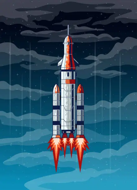 Vector illustration of Rocketed Space Ship Launch in the Starry Night